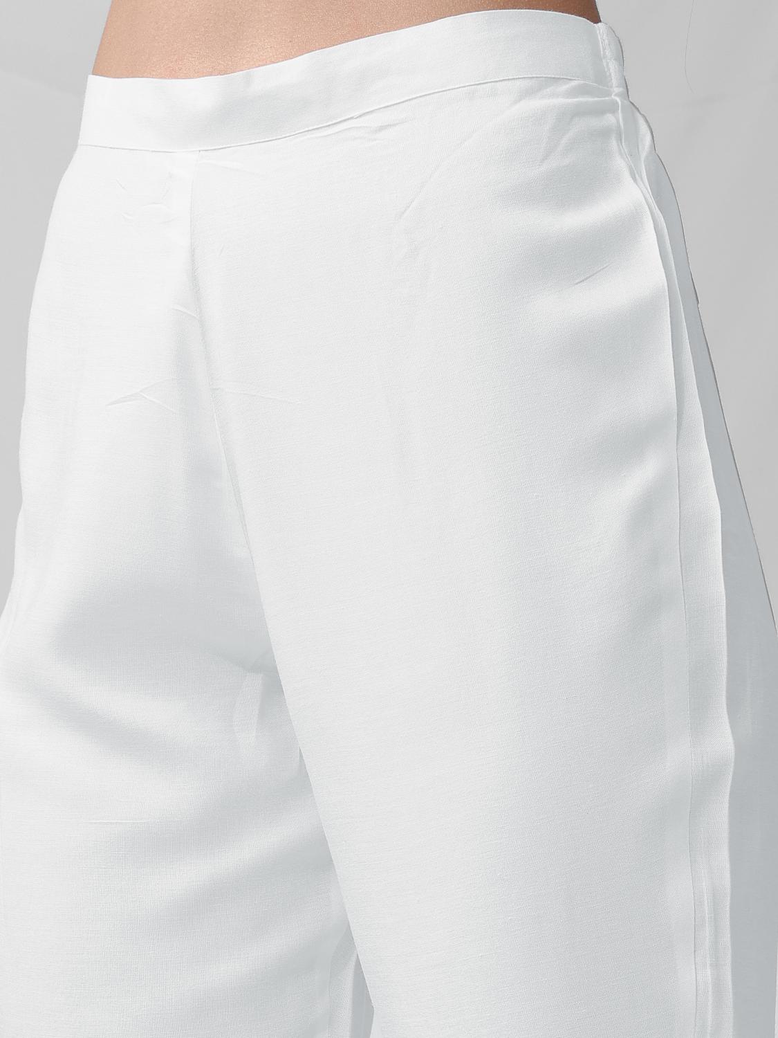 White Halter Neck Gathered Rayon Kurta Set With Yoke Embroidery